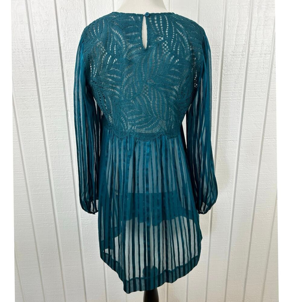 BCBG Maxazaria Teal Lace Sheer Stripe Babydoll Dress Long Sleeve S - Picture 7 of 9